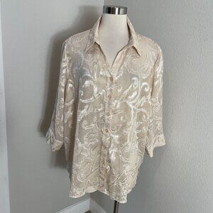 Coldwater Creek Womens Plus 20 Beige Sheer Button Up Blouse Swirl Textured Top
